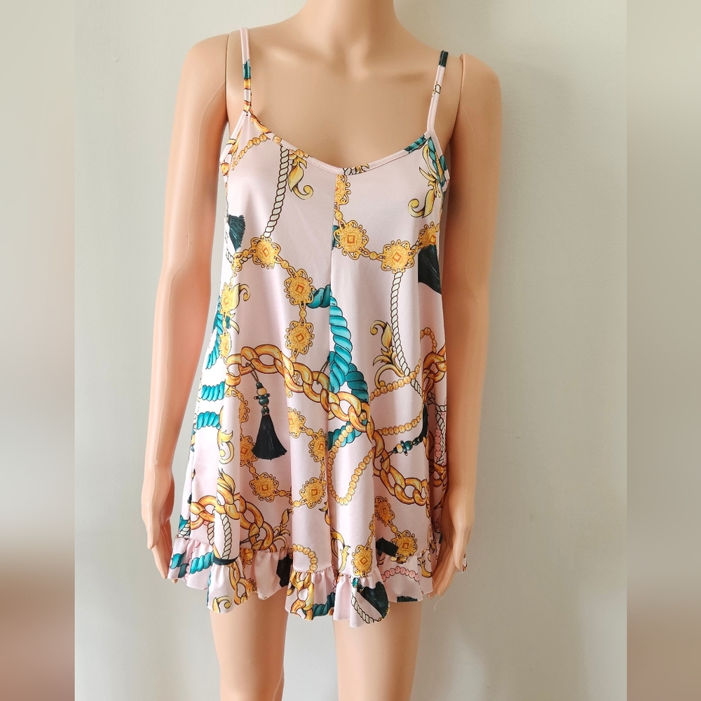 NWT Boohoo Pink Chain Print Romper with ruffle hem
